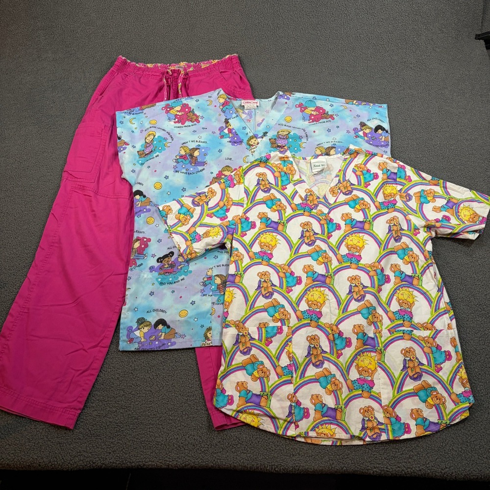 Mary Engelbreit Scrub Set Women L Pink Pants Blue Tops Rainbow Bears Children